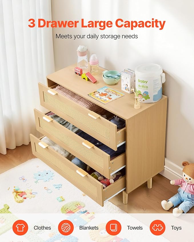 VEVOR 3 Drawer Rattan Dresser, Small Boho Dresser for Bedroom, 31.5" Wide Chest of Drawers with Metal Handles & Wooden Legs, Wood Clothing Storage Closet for Living Room, Hallway, Natural Oak