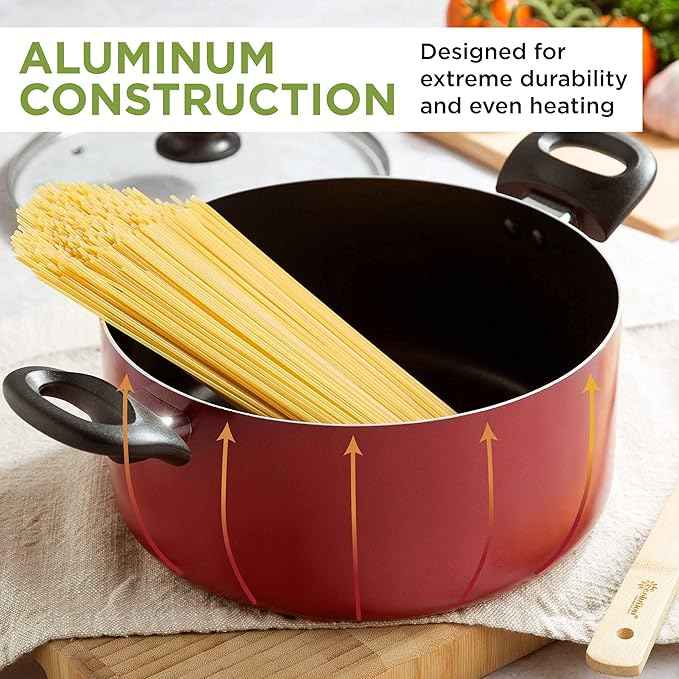 Ecolution Easy Clean Nonstick Cookware Set, Dishwasher Safe Kitchen Pots and Pans Set, Comfort Grip Handle, Even Heating, Ultimate Food Release, 12-Piece, Red