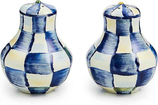 MACKENZIE-CHILDS Enamel Salt and Pepper Shakers, Kitchen Table Spice Shaker Set, Blue-and-White Royal Check, Small