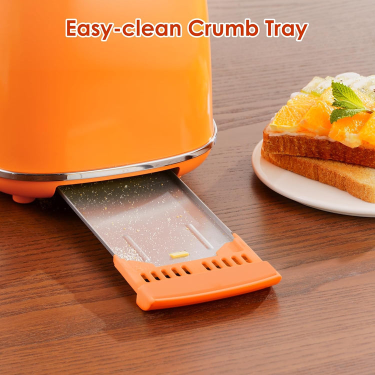 2 Slice Toaster Retro Stainless Steel with Bagel, Cancel, and Defrost Functions, 6 Bread Shade Settings, Extra Wide Slots and Removable Crumb Tray, Orange