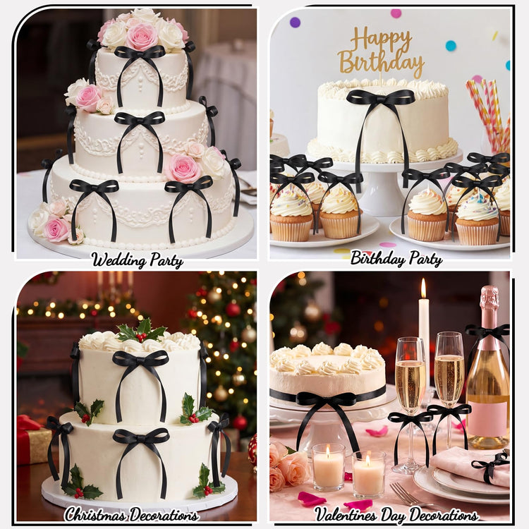 30 Pack Bow Cake Toppers Black Ribbon Bows for Cake Back to School Decor (30 Count)