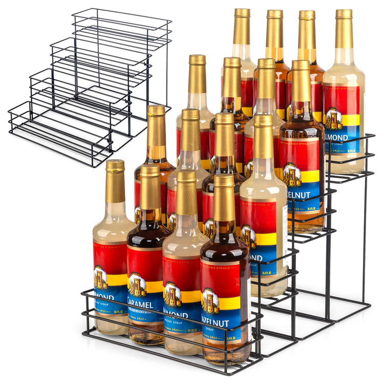16 Bottle Capacity Coffee Syrup Organizer 4 Tier Coffee Syrup Stand Shelf for Coffee Bar Accessories for Coffee Bar Kitchen Small Wine Rack for Bar Family Storage for Syrup Wine Dressing (16 Count)