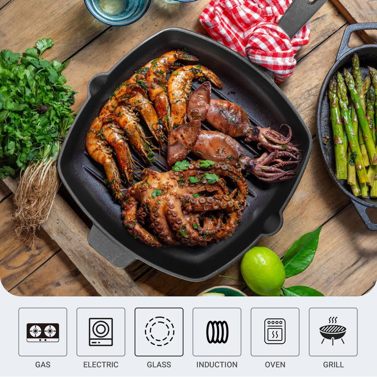 10.5 Inch Cast Iron Square Grill Pan with Tempered Glass Lid