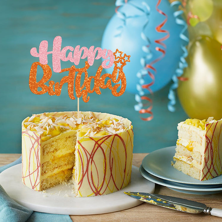 1Pcs Happy Birthday Cake Topper Glitter Cake Pick for Celebrating Anniversary Party Cake Decorations Supplies Pink Orange