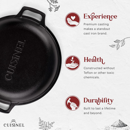 Cuisinel Cast Iron Dutch Oven 7-Quart - Pre-Seasoned 2-in-1 Deep Pot Multi-Cooker - Combo Lid Doubles as 12" Skillet Frying Pan + Silicone Handle Covers + Scraper/Cleaner - Indoor/Outdoor Cookware - Nestoria