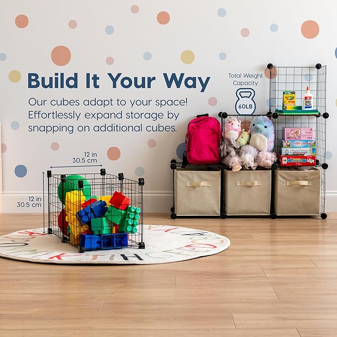 IRIS USA 6-Cube Modular Wire Cube Storage Organizer, Adjustable & Expandable Metal Shelving for Closet, Bathroom & Home Storage, Stackable Wire Grid, 60 lb Capacity, Black