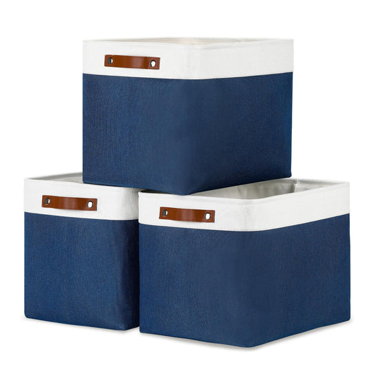 Large Storage Baskets with Leather Handles for Linen Closet and Home Office (3 Count)