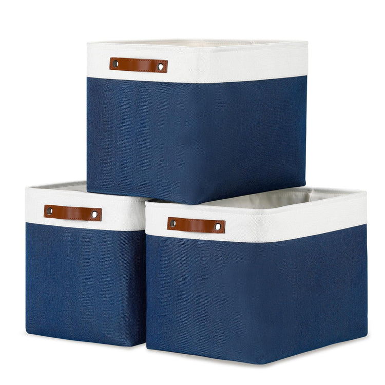 Large Storage Baskets with Leather Handles for Linen Closet and Home Office (3 Count)