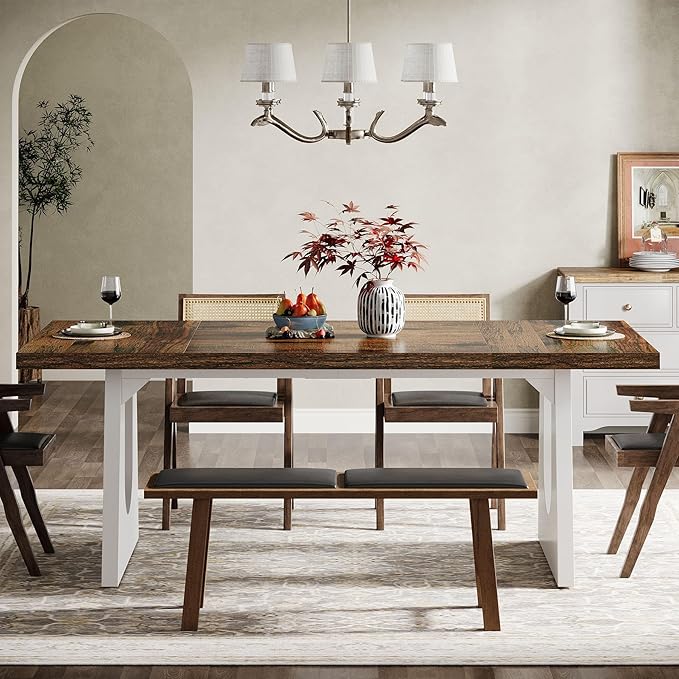 Tribesigns Large Dining Table for 6-8 People, 70.9" Wood Rustic Rectangular Table with White Wooden Legs, Farmhouse Center Kitchen Table for Dining Room, Living Room, Home Furniture (Brown & White)