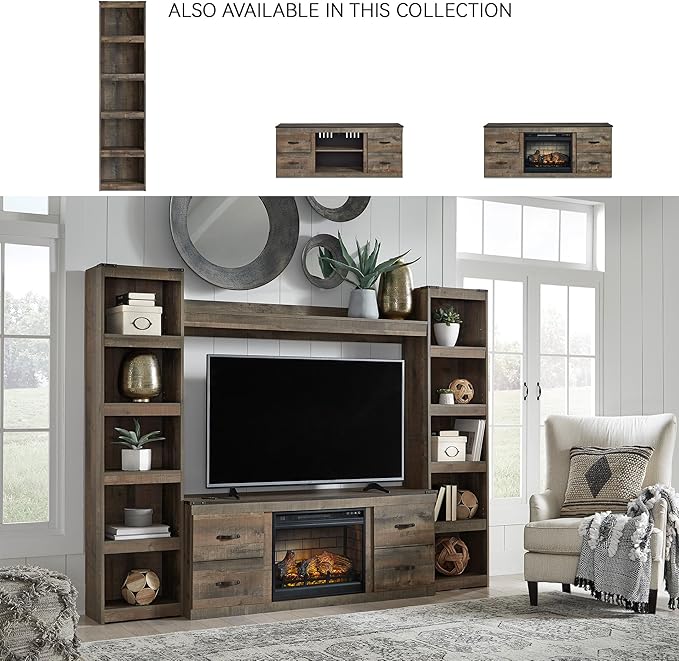 Signature Design by Ashley Trinell Rustic Entertainment Center Pier Bookcase with 3 Adjustable Shelves, Natural Brown