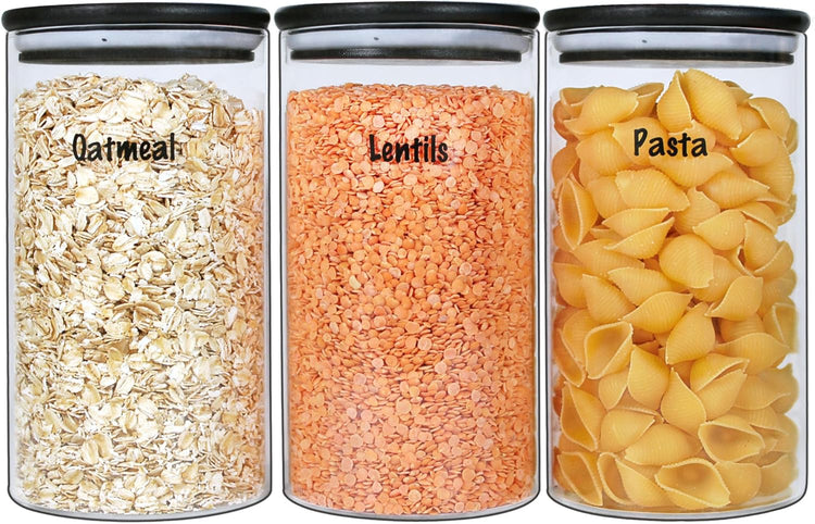 Urban Green Glass Jars with Black Lids, Glass food storage container sets with black lids, Airtight Canisters Sets with Bamboo Lids. Pantry Jar (3 Pack of 48oz)
