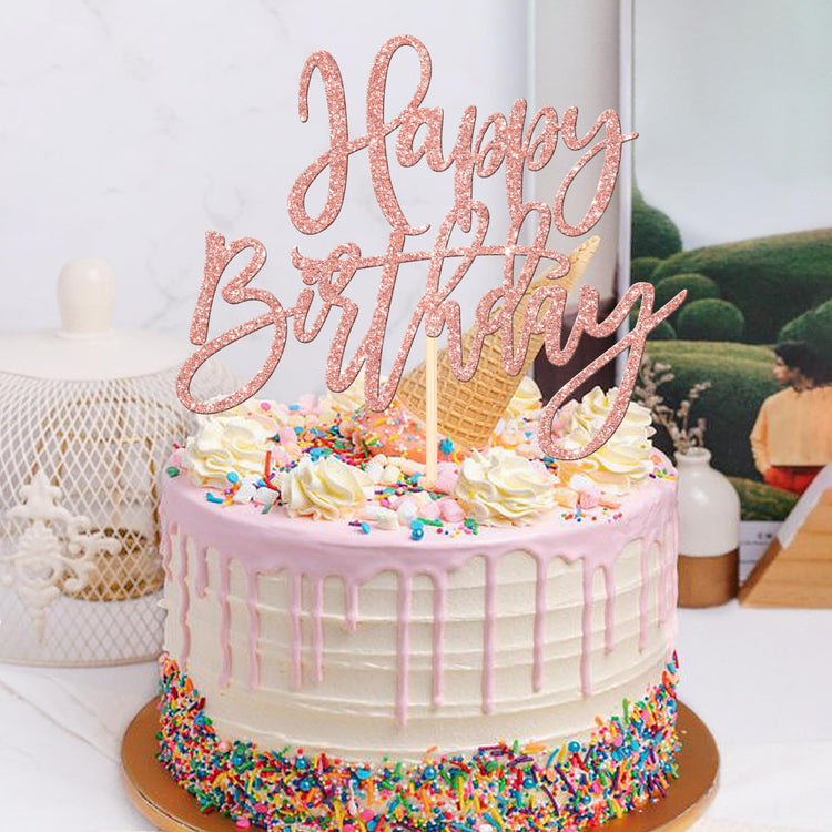1 PCS Happy Birthday Cake Topper Glitter Happy Birthday Cake Pick for Celebrating Happy Birthday Anniversary Theme Party Cake Decorations Supplies Rose Gold
