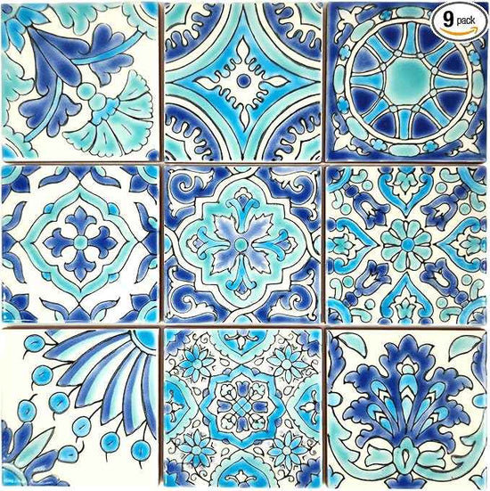 DYARI Set of 9 Decorative Ceramic Tiles – Hand Painted Indoor & Outdoor – Artisan Top Kitchen – Mediterranean Decorative 4x4 / One Tile Durable Colorful (Turquoise & Blue, 9 Tiles (1 Sq Ft))