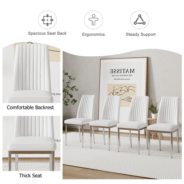 White Dining Chairs Set of 4 Modern Kitchen Chairs Set PU Leather Chair with Chrome Legs Armless Upholstered Chair for Dinner Room (4 Count)