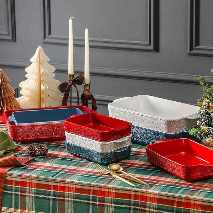 Ceramic Baking Dish Set of 3, Casserole Dishes for Oven, Ideal for Baking, Stewing, Roasting, and Holiday Feasts. The Gift for Mother's Day, Thanksgiving, Christmas, or Housewarming