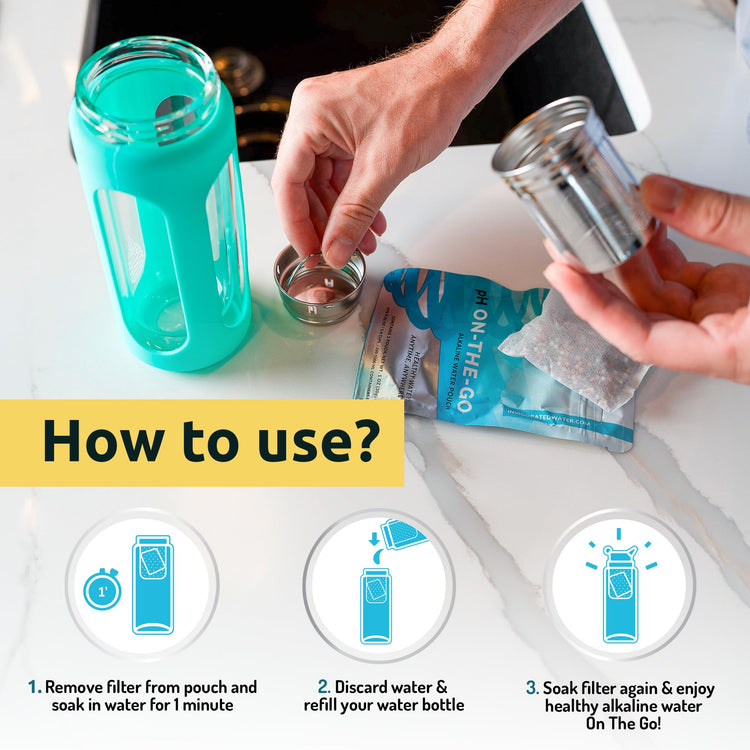 pH ON-The-GO Portable Alkaline Water Filter Pouch, High pH Water Alkalizer for Bottles, Jugs, Pitchers - Filters 98 Liters / 26 Gallons (3-Pack) (3 Count)