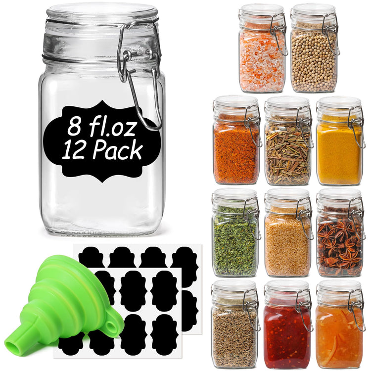 Square Small 8 oz Glass Spice Jars with Airtight Lids 12 Pack Pantry (12 Count)