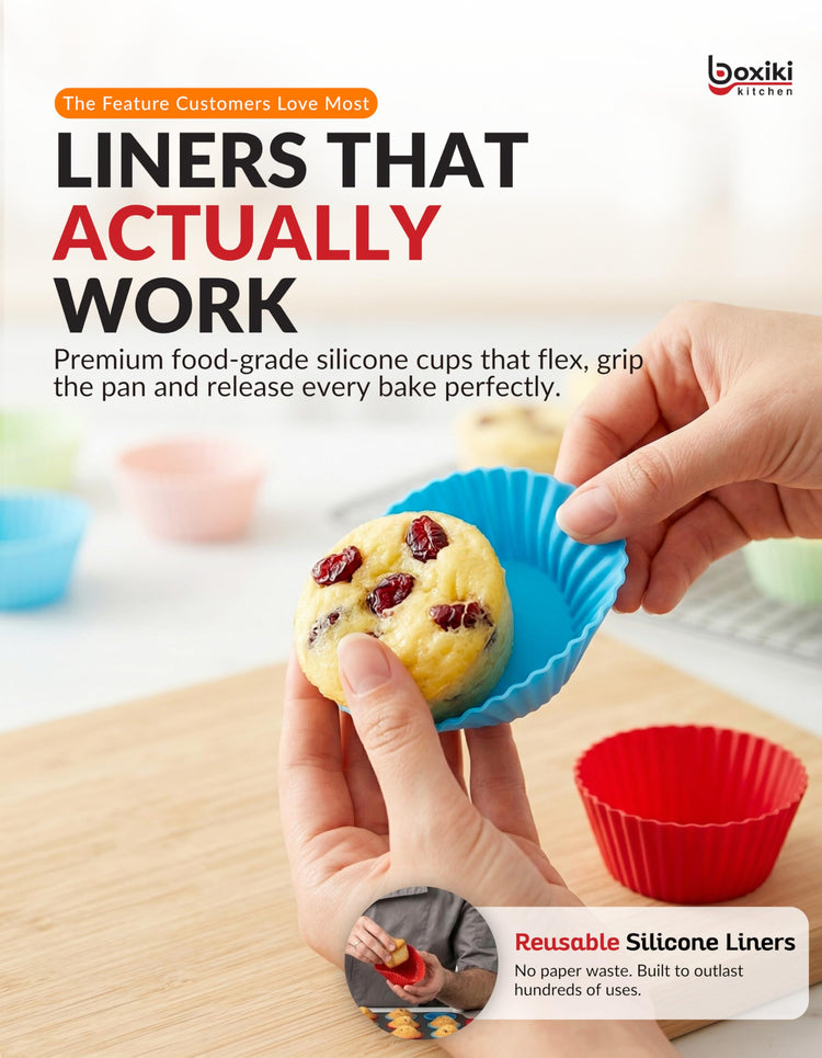 Non Stick Steel 6 Cup Muffin Pan with Silicone Handles and Reusable Liners