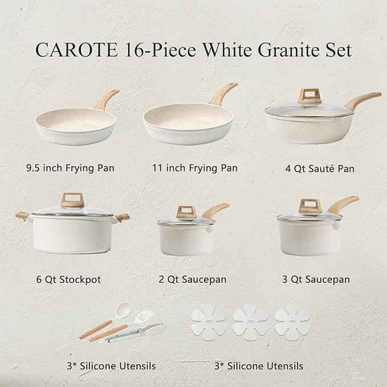 CAROTE 16 Piece Pots and Pans Set Nonstick, White Granite Cookware Sets Induction Cookware, Non Stick Cooking Set w/Frying Pans & Saucepans (PFOS, PFOA Free)