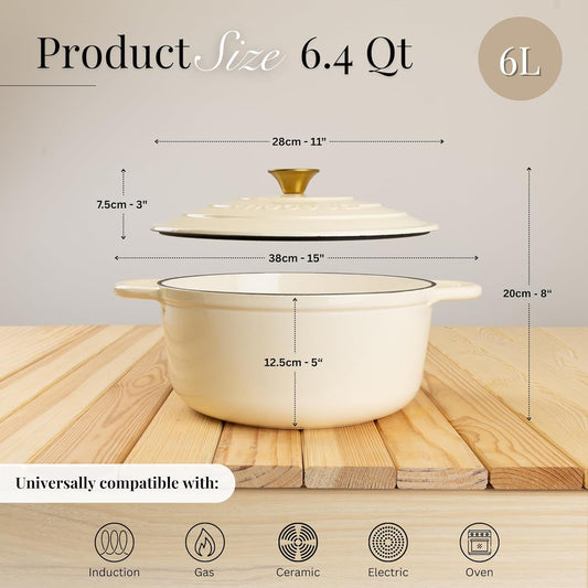 Nuovva Enamelled Cast Iron Dutch Oven Pot with Lid – 6.4 Quart Non Stick Casserole Pot – Heavy Duty & Oven Safe up to 500° F for Bread Baking, Braising, Stews, Roasting – 28cm Cream - Nestoria