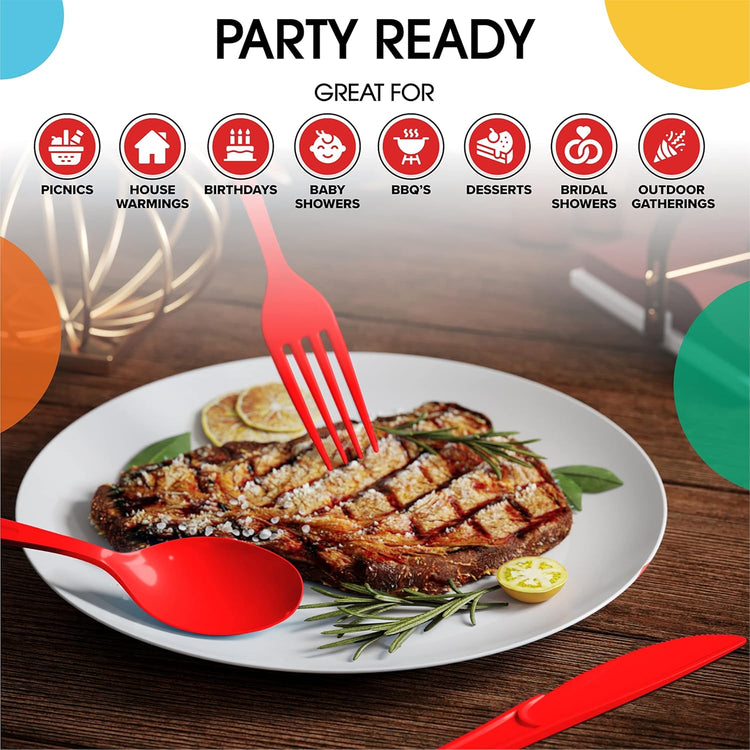 Heavy Duty Red Plastic Disposable Cutlery - 200 Pcs, Flatware, Silverware, Plastic Spoons