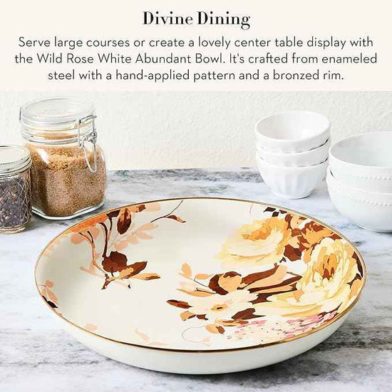 MACKENZIE-CHILDS Enamel Abundant Bowl, Decorative or Serving Bowl, 13-Cup Capacity, White Wild Rose