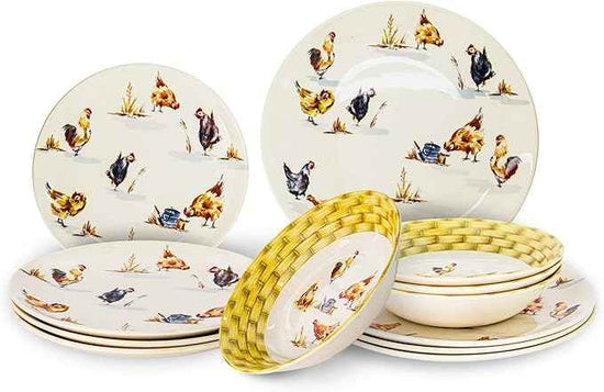 Tudor 16-Piece Premium Quality Round Porcelain Dinnerware Set, Service for 4 - Country Farmyard, See 10 Designs INSIDE!