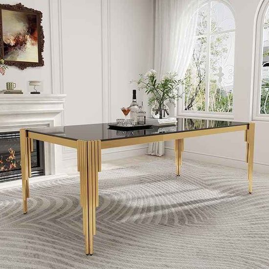 78'' Modern Glass Dining Table for 6-8 People,Black Tempered Glass Top Dining Room Table with Stainless Steel Base, Glass and Gold Dining Table for 6, Rectangle Dining Kitchen Table for Dinner