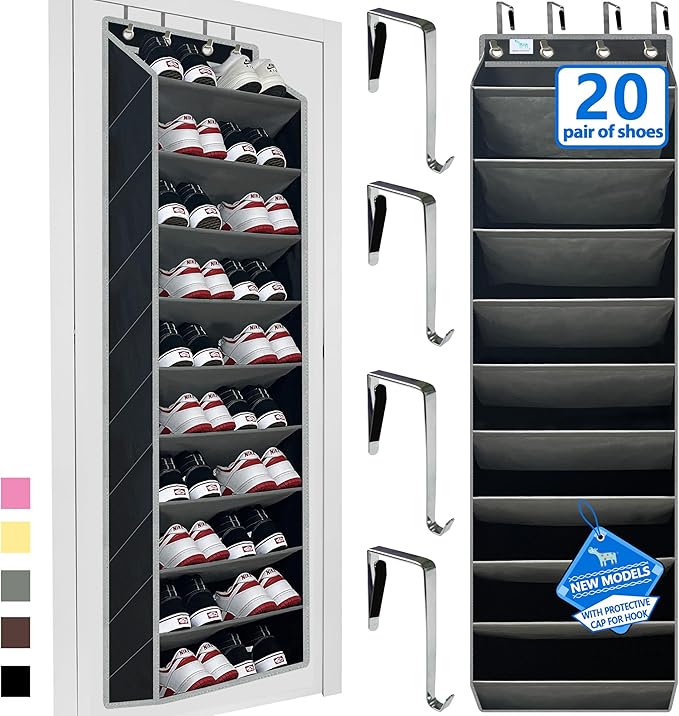 shoe organizer,70 Pounds Large Capacity,20-30-Pair over the door shoe organizer,10 Tiers shoe rack for closet,New upgrade Anti-scratch heavy duty hook and Bamboo material Baffle, Black/Grey
