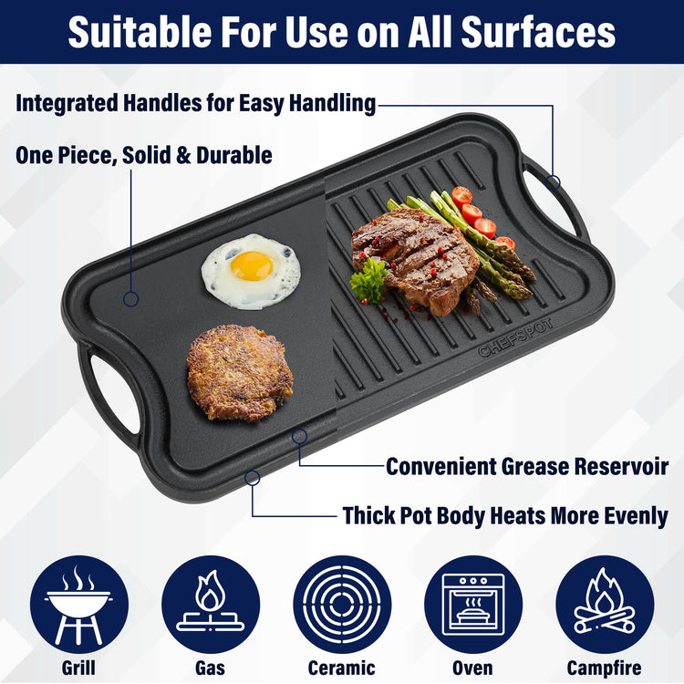 20" Reversible Cast Iron Griddle Grill Pan Double Burner Stovetop