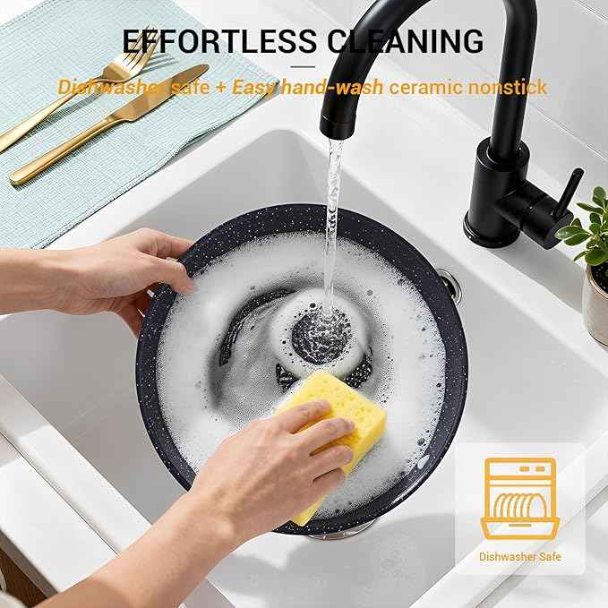 Ammeloo 21 Pcs Pots and Pans Set Non Stick, Ceramic Kitchen Cookware Set with Detachable Handle, Non Toxic Cooking Set for Kitchen, RV, Camping and Fridge, Induction Ready, Dishwasher/Oven Safe, Black