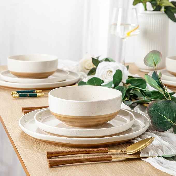 AmorArc Ceramic Dinnerware Sets, Handpainted Plates and Bowls Set with Rustic Terracotta Underside, Scratch Resistant Stoneware Dishes Set, Dishwasher & Microwave Safe