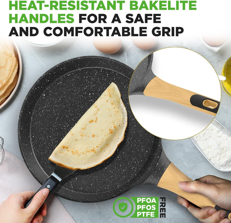 NutriChef 11” Non-Stick Crepe Pan with Wooden Spreader, Durable Marble Coated Dosa Pan, Bakelite And Wood Handle With Induction Bottom, Easy-to-Clean, Stain-Resistant (Black Marble)