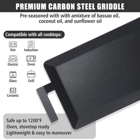 SafBbcue Carbon Steel Griddle Plate for Gas Grill, Carbon Steel Pan for Stove Top, Flat Top Griddle for Outdoor Charcoal Grill, Direct Flame Safe & Induction Compatible, Universal Multi-Use 24" x 10" - Nestoria