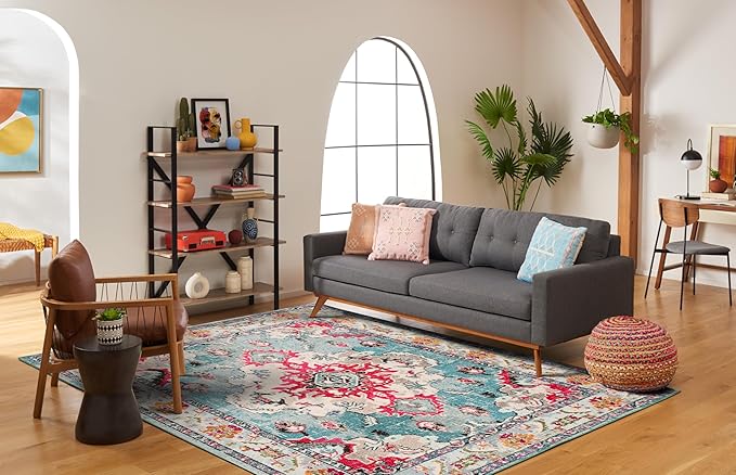 SAFAVIEH Monaco Collection Area Rug - 2'2" x 4', Light Blue & Fuchsia, Non-Shedding & Easy to Clean, Distressed Medallion Design, Ideal for Front Door, Kitchen, Entryway, Accent Space (MNC243J)