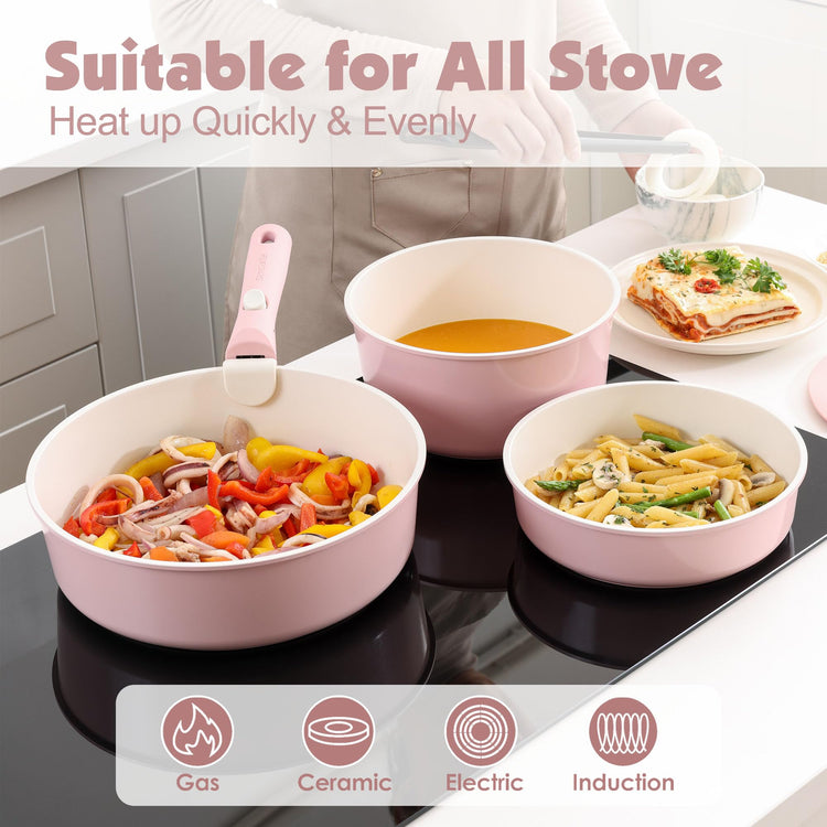 17 Piece Ceramic Detachable Handle Pots and Pans Set Pink