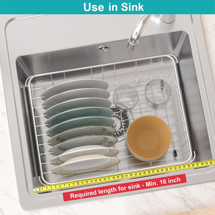 iPEGTOP Expandable Multifunctional Dish Drying Rack, Over The Sink, in Sink Or On Counter Dish Drainer Basket Shelf with Black Utensil Silverware Holder, Rustproof Stainless Organizer