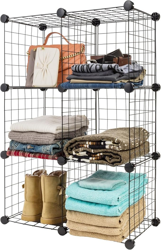 IRIS USA 6-Cube Modular Wire Cube Storage Organizer, Adjustable & Expandable Metal Shelving for Closet, Bathroom & Home Storage, Stackable Wire Grid, 60 lb Capacity, Black