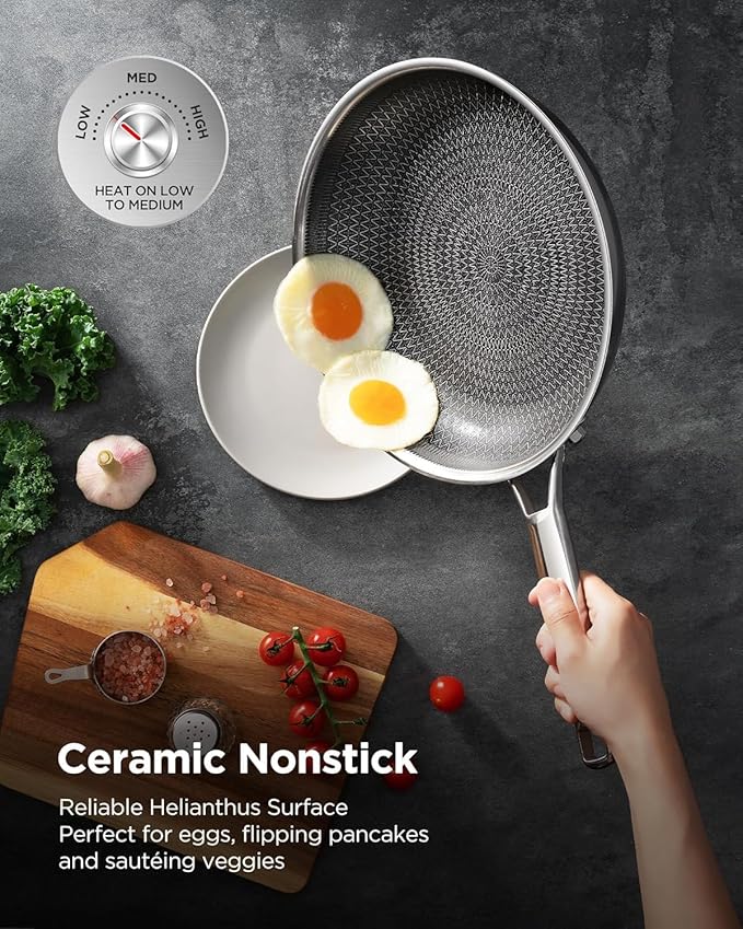 Non Stick Frying Pans Hybrid Ceramic, 12 Inch Tri-Ply Stainless Steel Skillet, Non-Toxic, PFAS/PFOA/PTFE Free, Metal Utensil Safe, Dishwasher & Oven Safe, Induction Compatible,Upgraded Version