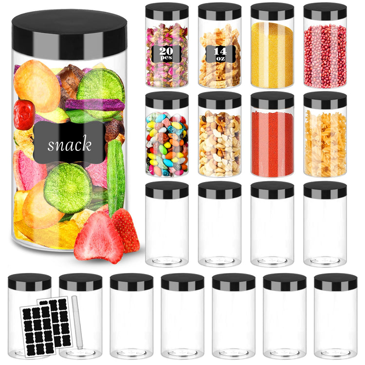 Plastic Jars with Lids 20Pcs 14 oz Clear Plastic Slime Storage Jars Containers with Airtight Leak Proof Black Plastic Screw On Lids Cylinder Clear Round Jar Food Grade Durable PET Jar (20 Count)