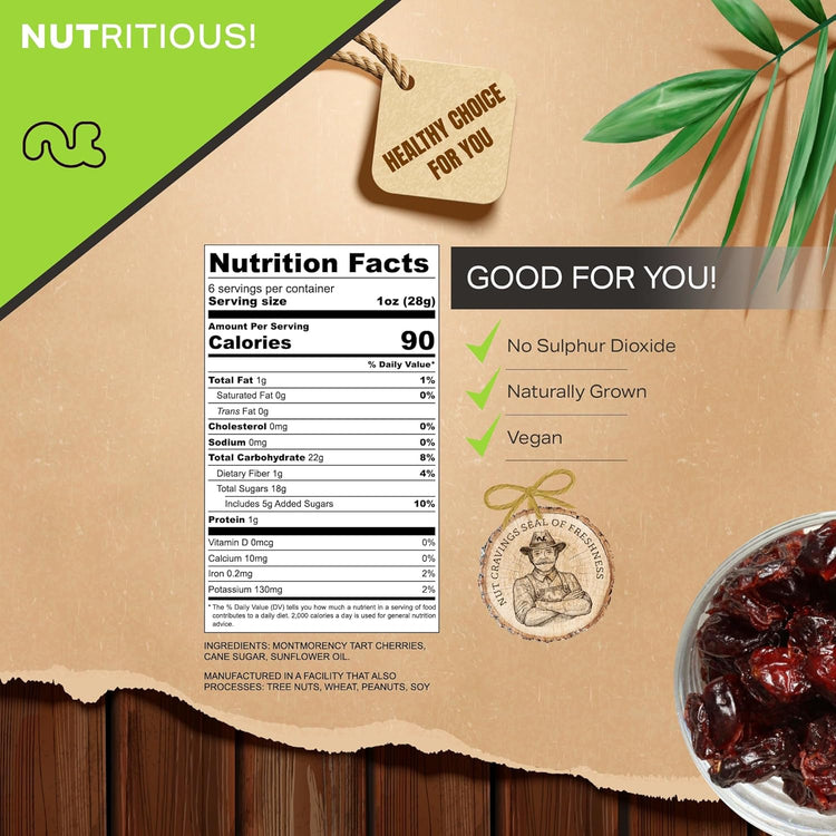 NUT CRAVINGS - Sun Dried Sour Tart Cherries, Lightly Sweetened (6oz, 1 Pack) Bulk Dry Fruits Packed Fresh in Resealable Bag - Sweet Healthy Snack, Naturally Grown, Vegan, Kosher