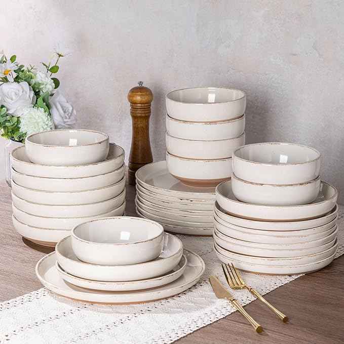 AmorArc 24 Pieces Ceramic Dinnerware Sets for 8, Handpainted Stoneware Plates and Bowls Set with Rustic Terracotta Underside, Scratch Resistant Dishes Set, Dishwasher & Microwave Safe