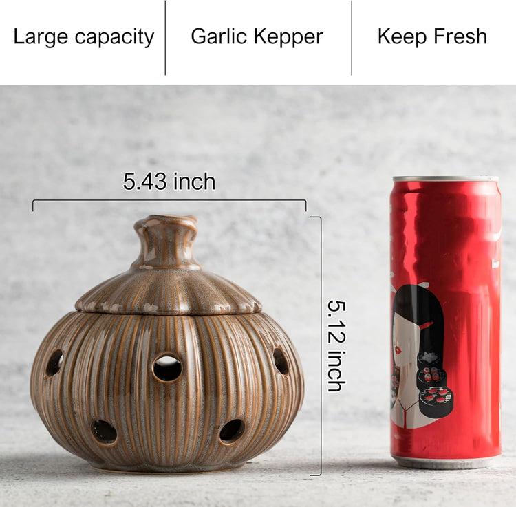 Ceramic Garlic Keeper with Lid and Holes Garlic Saver and Storage Framhouse Decor Keep Gralic Cloves Dry and Fresh, Grey