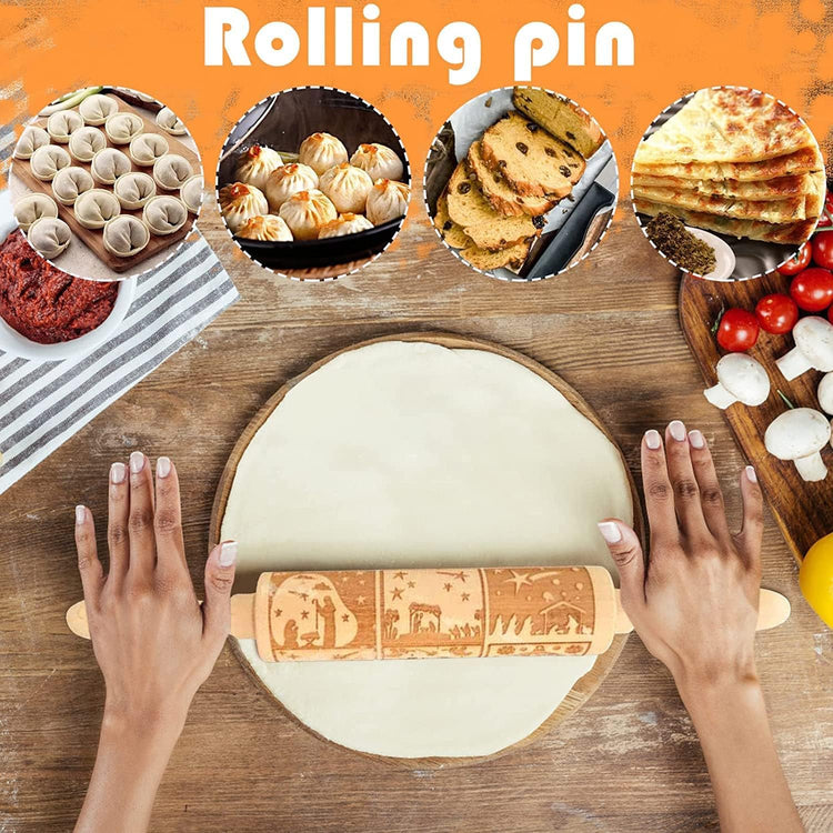 Christmas Wooden Rolling Pin for Baking Engraved Embossing Rolling Pin Cookie Stamps Roller Square Grid Cookies Mold Kitchen Decor Tools for Baking Embossed Cookies
