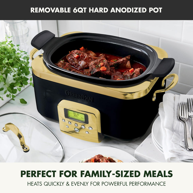 Elite 8-in-1 Programmable 6QT Electric Slow Cooker, Dishwasher Safe Lid & Removable Crock, PFAS-Free Healthy Ceramic Nonstick Multi-Cooker, Sear, Sauté, Brown, Steam Basket, Roast, Gold