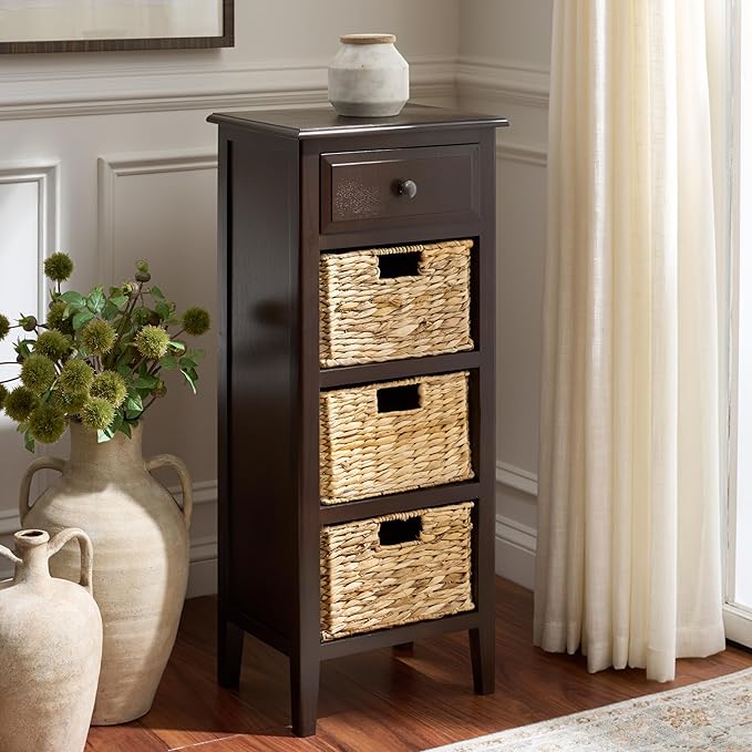 SAFAVIEH Home Collection – Michaela Dark Chocolate 4-Drawer Storage Unit, Natural Rattan Basket Organization, Fully Assembled (AMH5744F)