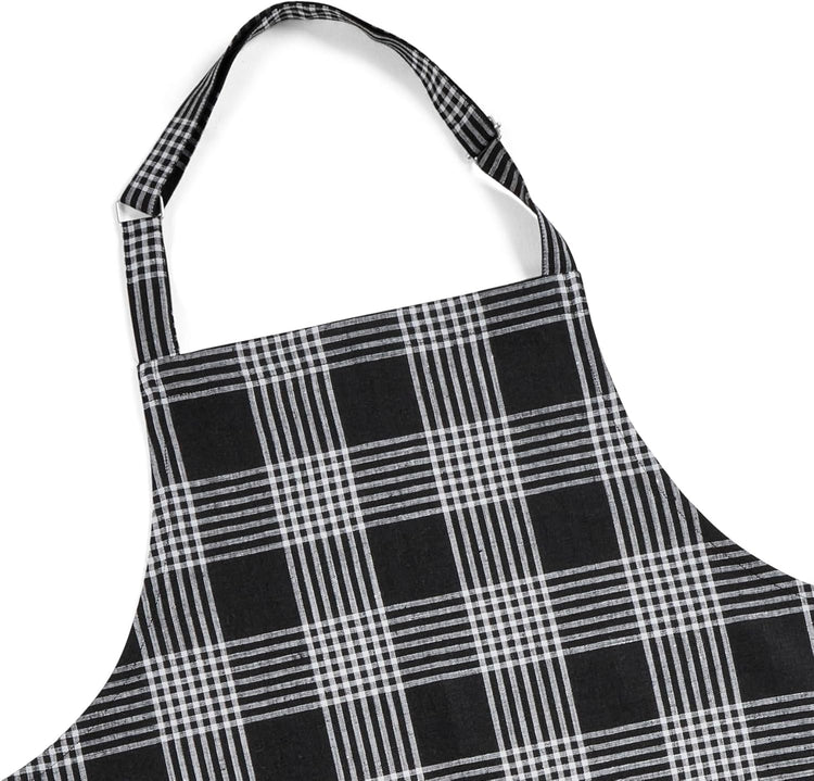 Solino Home Linen Bib Apron for Men & Women - Black and White Plaid Kitchen Apron with Front Pockets - Handcrafted from European Flax