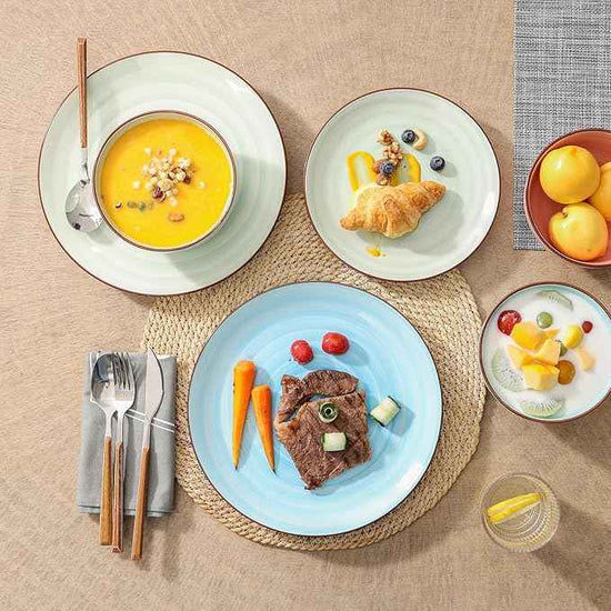 Selamica Ceramic 16-Pieces Dinnerware Set, Ceramic Dishes Set for 4, Kitchen Plates and Bowls Sets, Dinner Plates Set, Spray Black Dots, Gradient Color