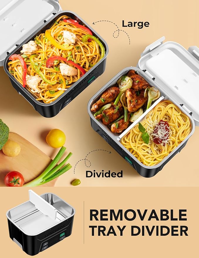 EAST OAK 5.5-Cup Cordless Electric Lunch Box for Adults, Heated Lunch Box for Men with Scheduled Heating, Portable Car Food Warmer with Utensils, One-Tier Bag, Removable Divider