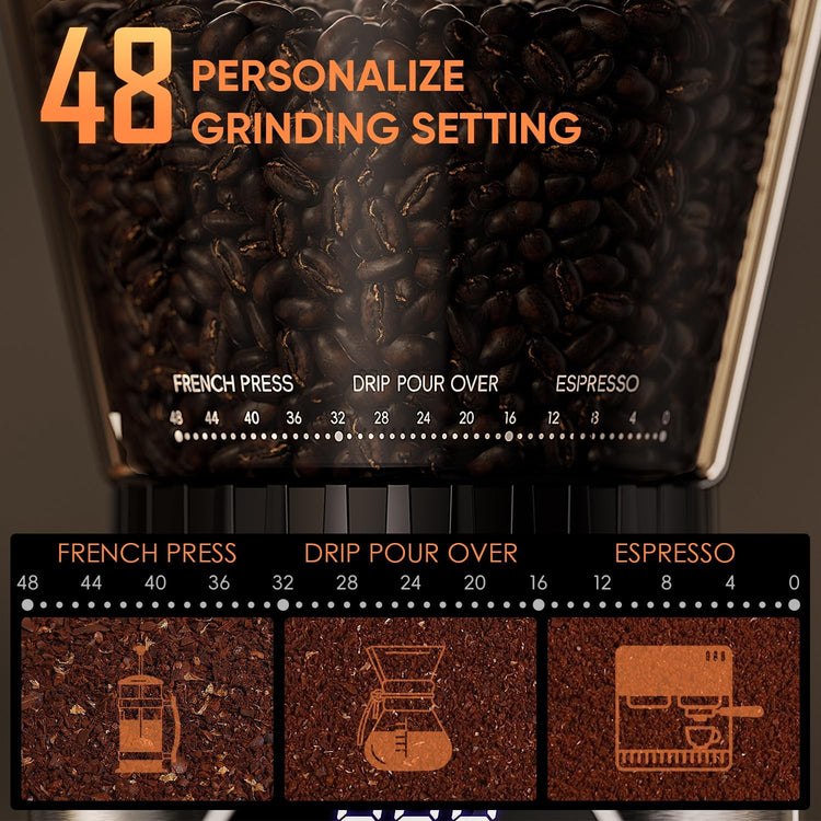 Biolomix Burr Coffee Grinder,Coffee Grinder, 48 Grind Settings and LED Control Panel,Digital Timer, Anti Static,Anti Clogging Coffee Bean Grinder,Grinds 2-12 Cups of Coffee, Black